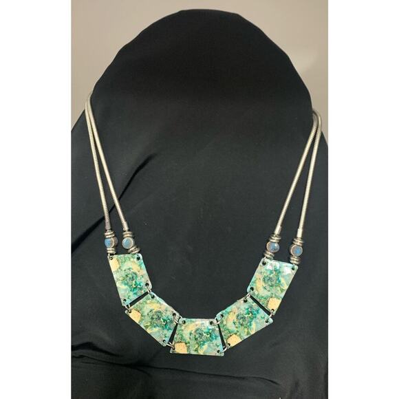 Blue Marble / Granite Look Statement Necklace Boho Silvertone - Picture 2 of 4